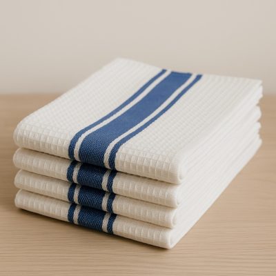 Stapel horeca theedoeken van katoen met blauwe strepen op houten tafel