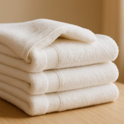 Stap witte hotel handdoeken netjes opgevouwen op een houten oppervlak.