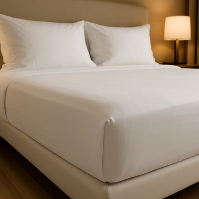 Strak opgemaakt hotelbed met wit hoeslaken en kussens in een moderne kamer, zacht verlicht voor een rustige uitstraling.