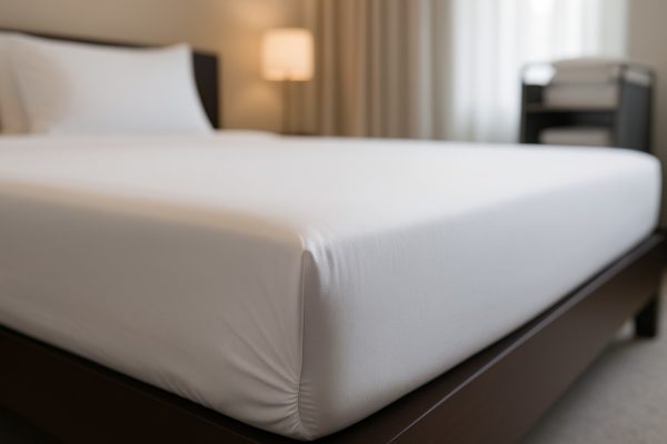 Strak opgemaakt bed met glad wit hotel hoeslaken in een moderne hotelkamer.