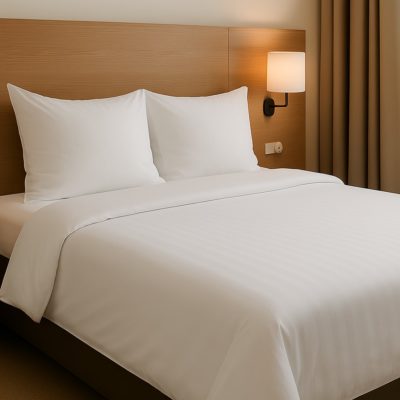 Strak opgemaakt hotelbed met wit linnen, kussens en dekbed, voorbeeld van hoogwaardige kwaliteit van Hagatex.