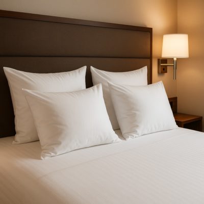 Net opgemaakt hotelbed met witte kussens in verschillende hoogtes en warme verlichting