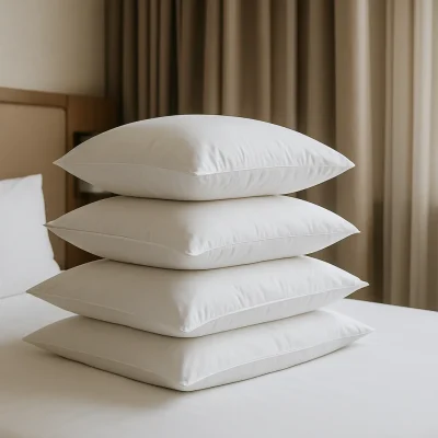 Vier witte hotelkussens netjes opgestapeld op een bed met beige gordijnen op de achtergrond.