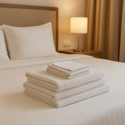 Net opgemaakt bed met witte lakens en opgevouwen handdoeken, symbool voor professionele linnenverhuur.