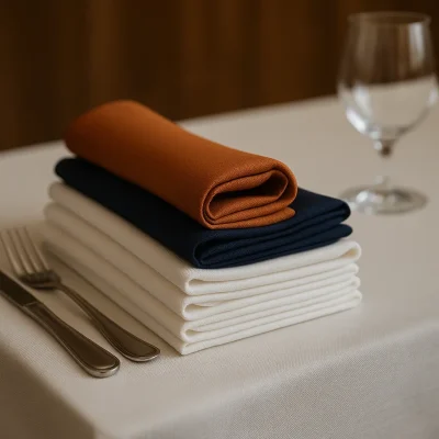 Netjes opgevouwen servetten in verschillende kleuren op een gedekte tafel, met bestek en glaswerk op de achtergrond.