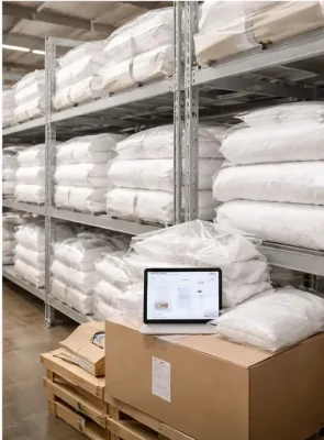 Magazijnvoorraad met verpakte Egyptisch katoen dekbedovertrek en linnen klaar voor levering