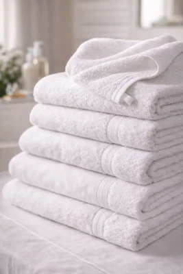 Badlinnen van hoge kwaliteit met stapel witte handdoeken in een lichte badkameromgeving