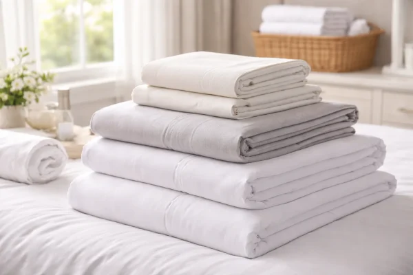 Bedlinnen kopen met stapel frisse lakens in wit en grijs op een opgemaakt bed