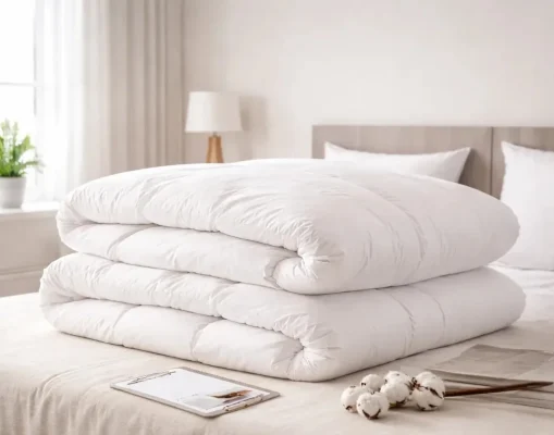 Stapels witte dekbedden op een opgemaakt bed voor wholesale inkoop via dekbed groothandel