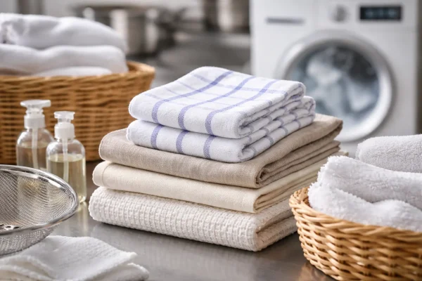 Stapel horeca theedoeken van katoen, linnen en wafelweving op roestvrijstalen werkblad bij wasmachine