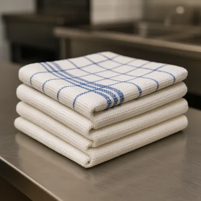Stapeltje witte horeca theedoeken op een RVS werkblad in een professionele keuken, met blauwe ruitstructuur en hoge absorberende kwaliteit.