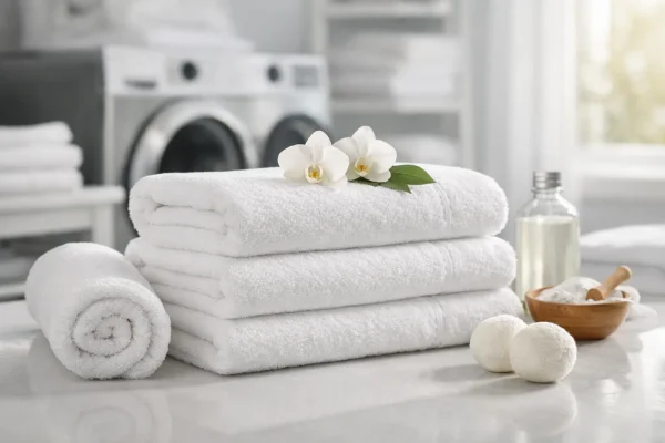 Hotel handdoeken van luxe witte badstof, zacht en fris na professioneel wassen