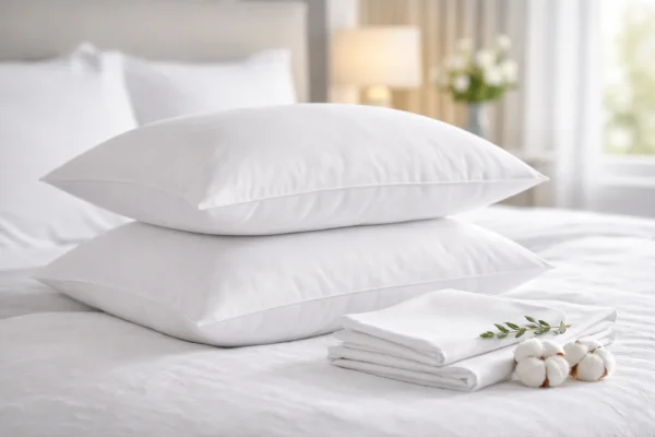 Witte kussenslopen op een strak opgemaakt hotelbed voor fris en comfortabel slapen