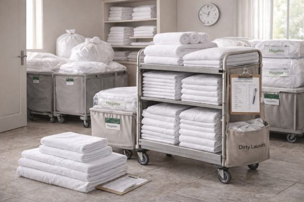 Schone linnenverhuur en bedlinnen op rolkar met wascontainers in linnenruimte, klaar voor levering door Hagatex.