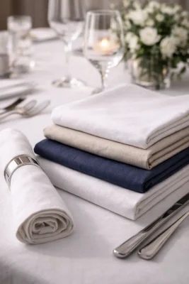 Servetten kopen met linnen en katoenen servetten op een gedekte tafel met bestek en glazen