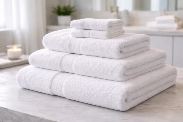 Stapels witte badhanddoeken op marmeren blad met zachte dikke structuur