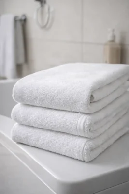 Badlinnen van hoge kwaliteit met strak gevouwen witte handdoeken en nette afwerking