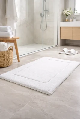 Badmat in luxe hotelbadkamer met zachte structuur en veilige grip bij de douche
