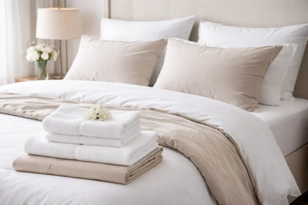 Strak opgemaakt bed met wit en beige bedlinnen, stapel handdoeken en gevouwen lakens in rustige hotelstijl.
