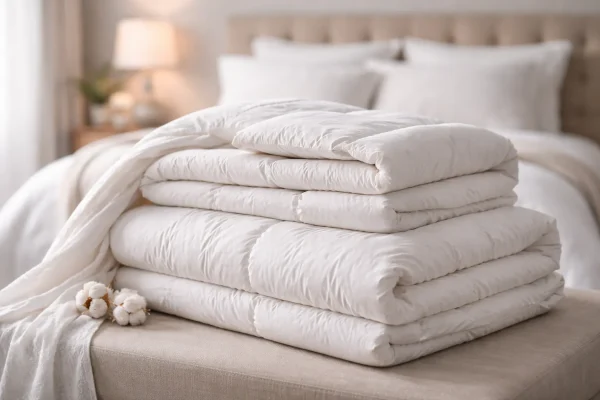 Stapel witte dekbedden in slaapkamer voor comfort in elk seizoen