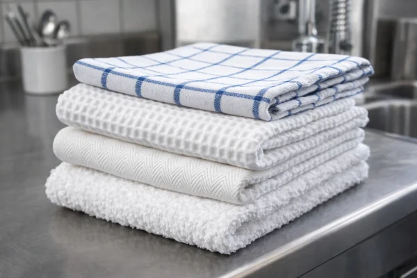 Horeca theedoeken met verschillende weefstructuren netjes opgestapeld in professionele keuken