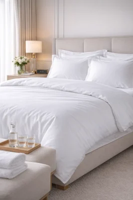 Strak opgemaakt hotelbed met wit hotel dekbedovertrek en kussens voor frisse uitstraling