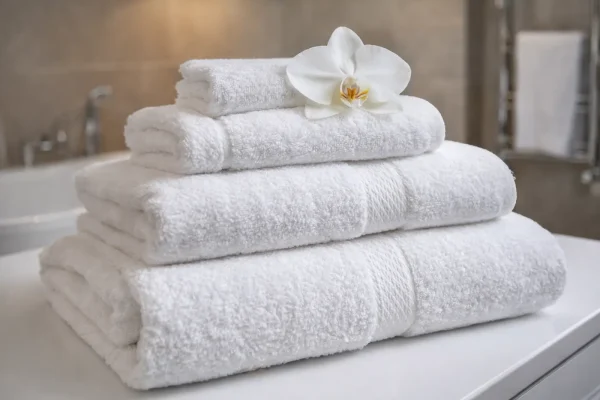 Stapels witte hotel handdoeken op badkamerblad met orchidee