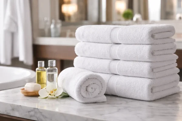 Hotel handdoeken netjes opgestapeld op marmer met toiletartikelen in hotelbadkamer