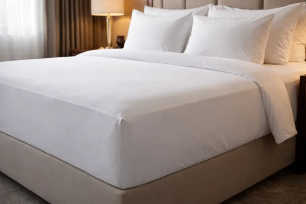 Strak opgemaakt hotelbed met wit hotel hoeslaken en nette hoeken.