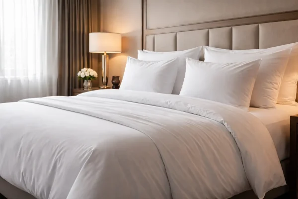 Strak opgemaakt hotelbed met wit hotel linnen, zachte kussens en warme verlichting.