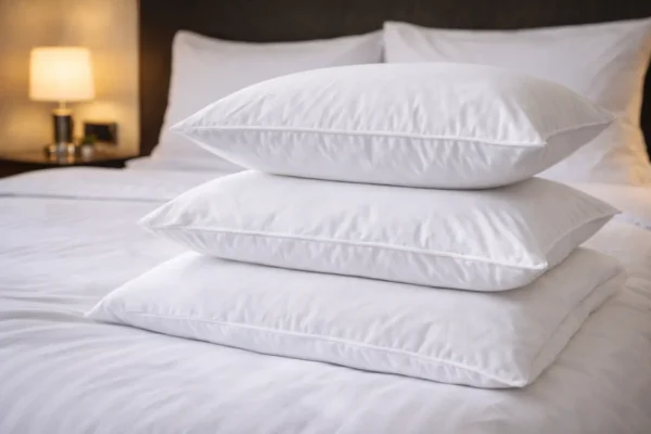 Drie hotelkussens met verschillende hoogte op opgemaakt bed