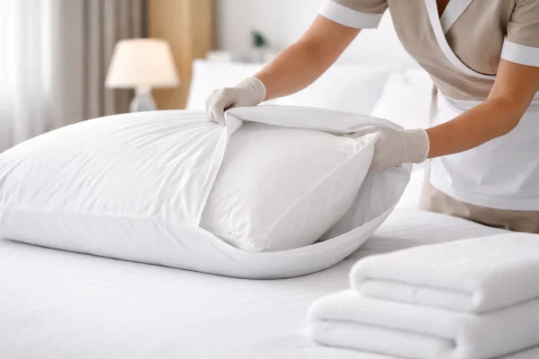 Housekeeping plaatst een kussen in een witte kussensloop met envelopsluiting in een hotelkamer