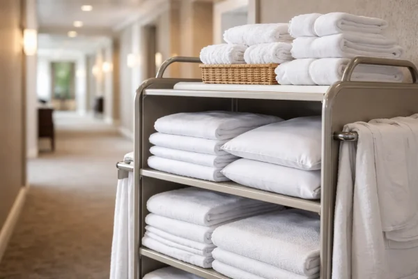 Housekeeping kar met schoon hotel linnen in een lichte hotelgang.