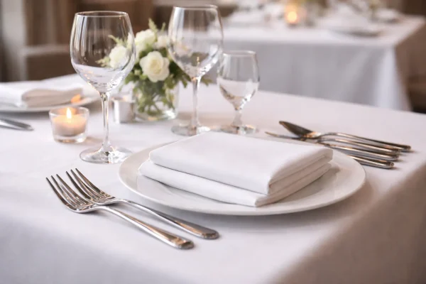 Wit servet op bord in elegante restaurant tafelsetting met glaswerk