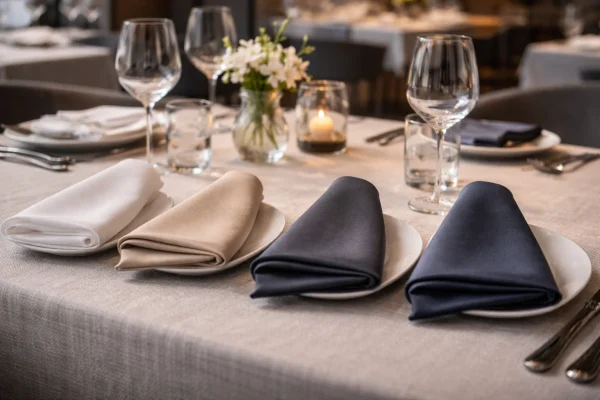 Servetten in wit, beige, grijs en navy op een stijlvol gedekte restauranttafel