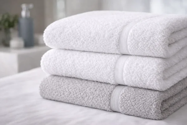 Stack of neatly folded white and light grey bath towels with visible textured terry loops in a clean, softly lit bathroom setting.