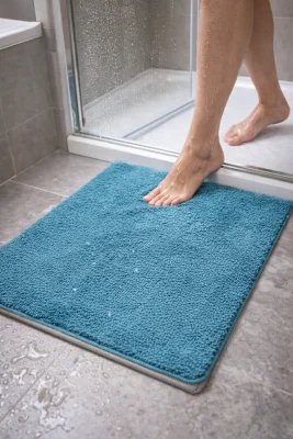 Natte voeten stappen op een absorberende antislip badmat na het douchen