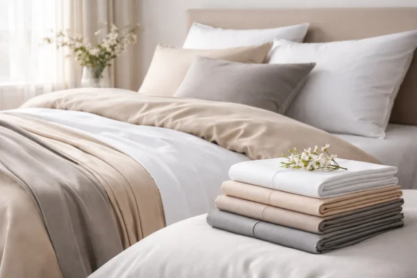Neatly made bed with soft beige and white bed linen and a stack of folded sheets in neutral tones on a bright bedroom background.