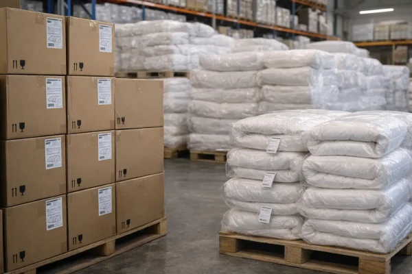 Magazijn met gestapelde dekbedden en dozen voor bulkinkoop bij een dekbed groothandel