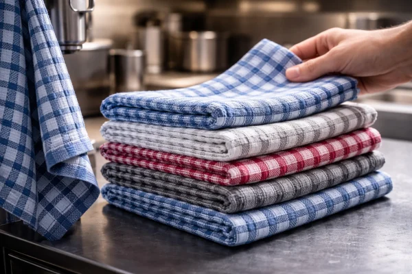 Stack of checkered horeca kitchen towels on stainless steel counter in professional kitchen