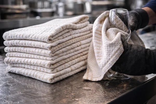 Horeca theedoeken drogen glaswerk af op RVS werkblad in professionele keuken