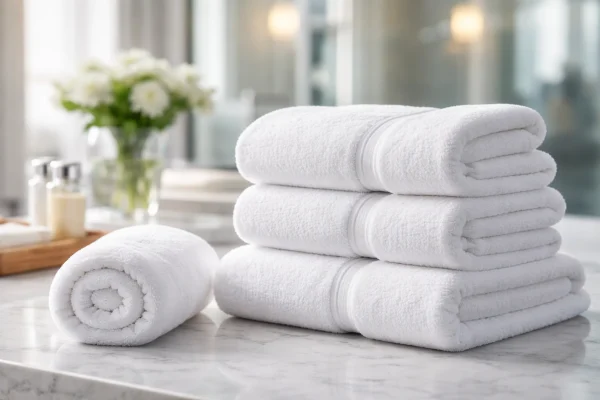 Stack of soft white hotel towels neatly folded on a marble bathroom counter in a modern hotel setting