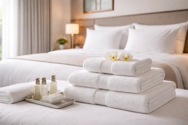 Fresh white hotel towels neatly stacked on a made bed in a modern hotel room with soft lighting.