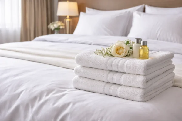 Hotel linnen met strak opgemaakt bed en opgevouwen handdoeken voor een frisse gastbeleving