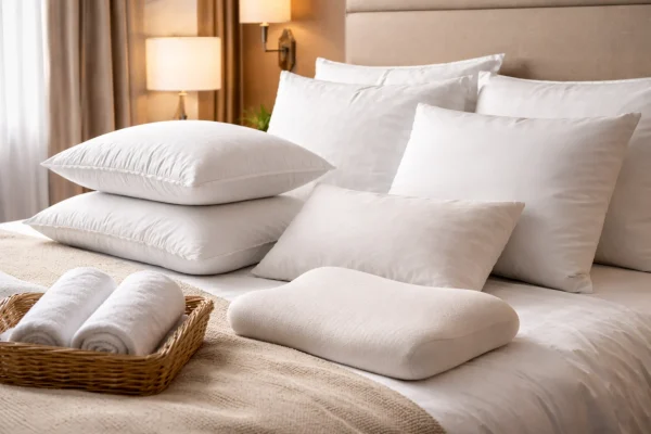 Hotel bed with multiple pillow types neatly arranged, showing different heights and support options in a warm, modern room setting.