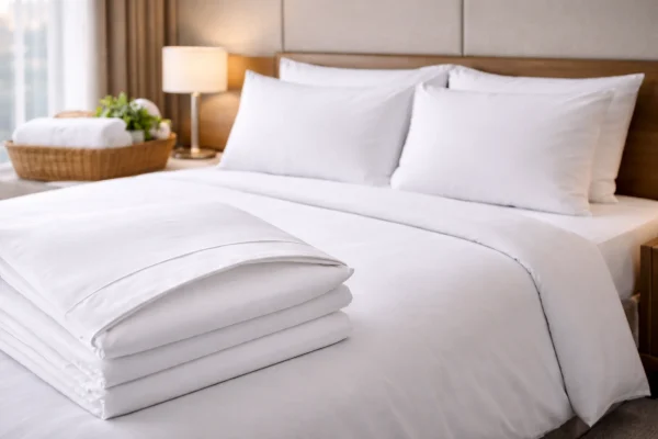 Neatly made hotel bed with white pillows and stacked pillowcases in a calm, modern bedroom setting.