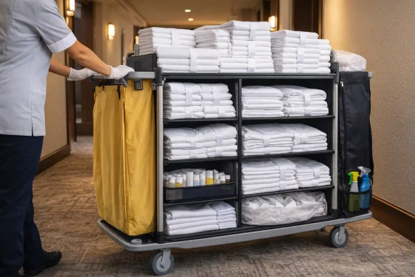 Housekeeping duwt linnenkar met schone handdoeken en beddengoed door hotelgang
