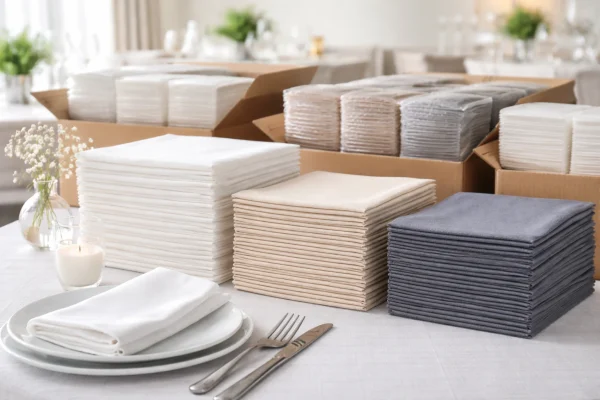 Stacks of white, beige and dark gray napkins neatly arranged on a restaurant table with bulk boxes in the background